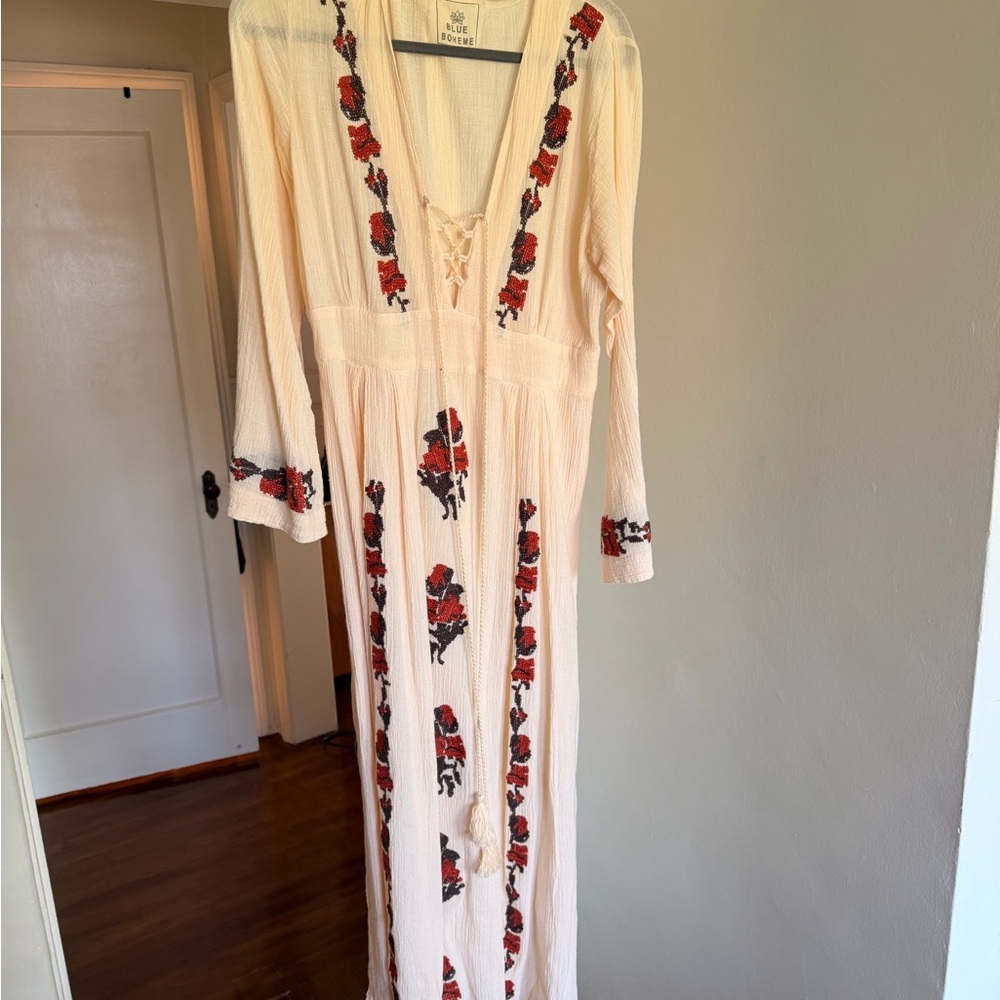 Boheme Cream Maxi Dress with Red Floral Embroidery